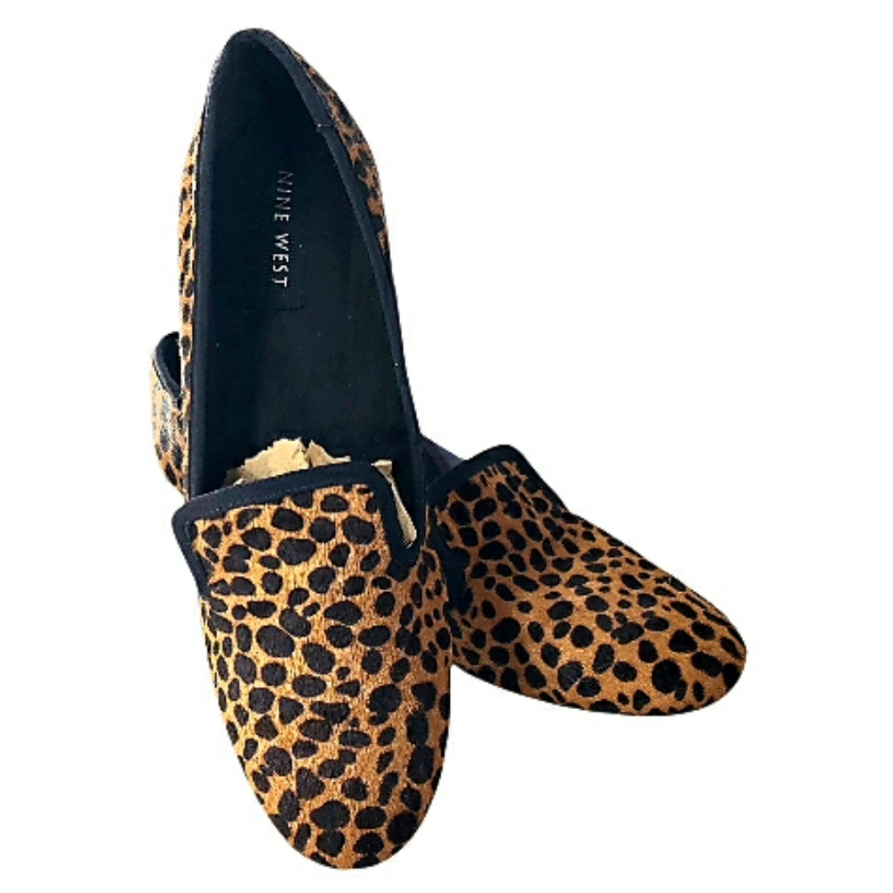 9 West Leopard Spotted Cowhair Loafers Animal Preppy Ballet Western Brown 8.5m